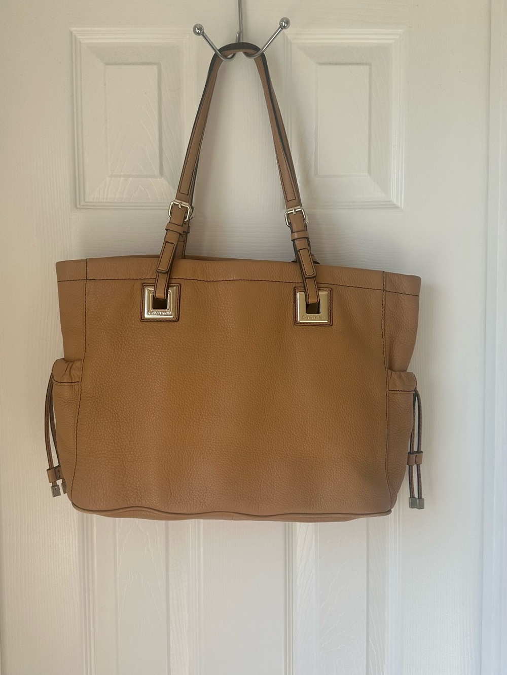 Calvin Klein Camel Leather Tote with Gold Accents